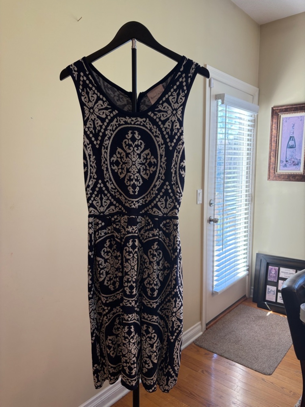 Romeo & Juliet Couture Navy Blue Midi Dress with Cream Medallion Pattern